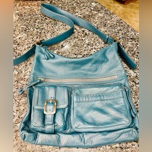 Cole Haan Teal Leather Crossbody Bag Soft Pebbled 14x14